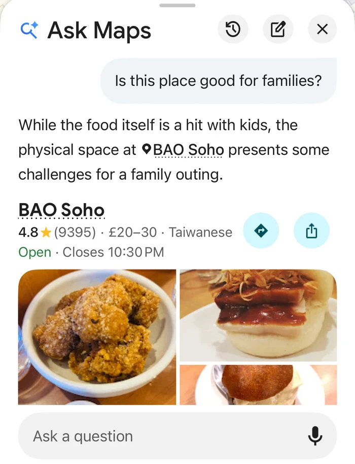 Ask Maps answering whether a restaurant is good for families, with a short answer and photos from its Business Profile