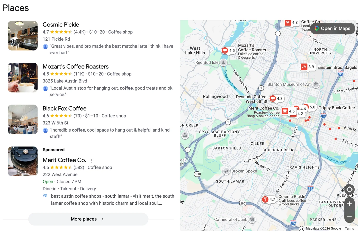 Desktop Google Local Pack for coffee shops in Austin, with three organic listings, a sponsored listing below them and the map