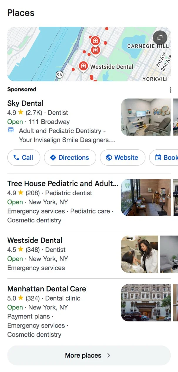 Google Local Pack for a dentist search in New York, with a sponsored listing above three organic listings and the More places button