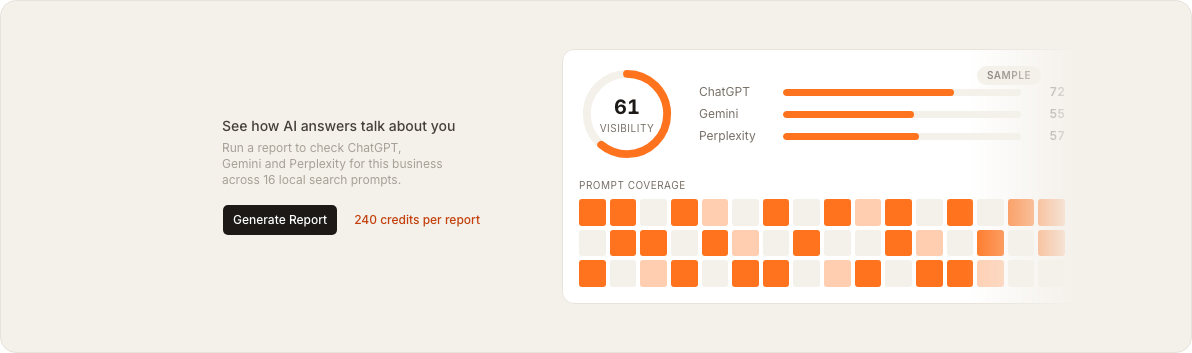 The native AEO first-run panel showing Generate Report, 240 credits per report, and a sample of the visibility and prompt-coverage results the report will build.