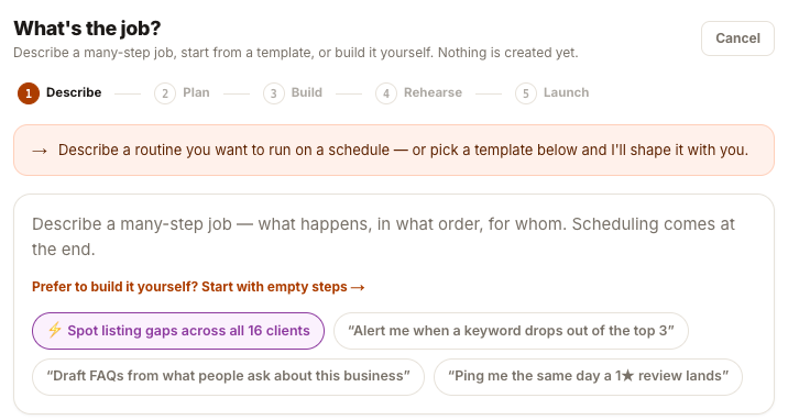 The Create a playbook flow showing five steps, Describe, Plan, Build, Rehearse and Launch, a line saying nothing is created yet, and a description box with example prompts