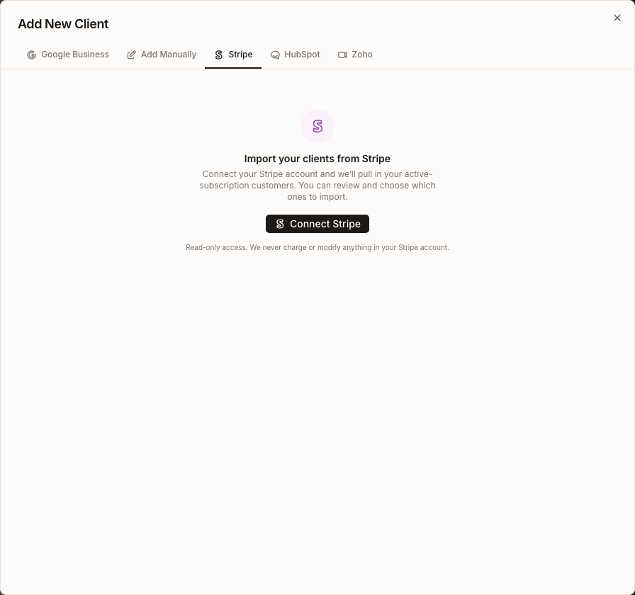 The native Stripe import entry screen explaining active-subscription customers, review before import, and read-only Stripe access