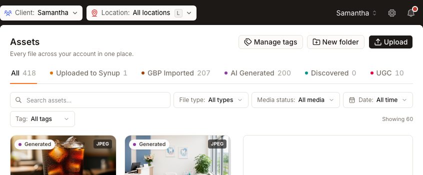 Populated Assets catalog with client and location scope, source tabs, search, and filter controls