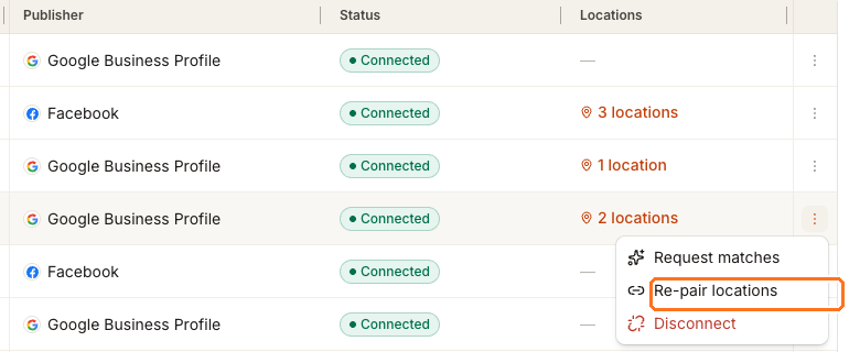The Connected Accounts table with an account's actions menu open on Request matches, Re-pair locations and Disconnect
