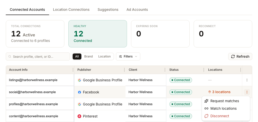 Connected Accounts mit geöffnetem Aktionsmenü eines Google- oder Facebook-Kontos, in dem Request matches und Match locations angezeigt werden