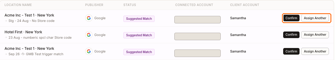 Three Suggested Match rows on Location Connections, each offering Confirm or Assign Another