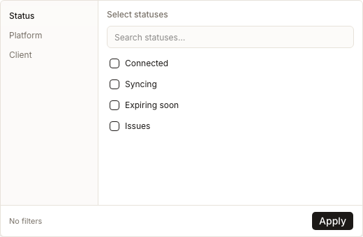 Der Filter in Connected Accounts mit den Kategorien Status, Platform und Client sowie den Statusoptionen Connected, Syncing, Expiring soon und Issues