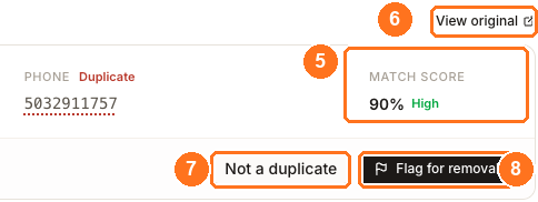 Duplicate candidate detail with View original, Match score, Not a duplicate and Flag for removal annotated