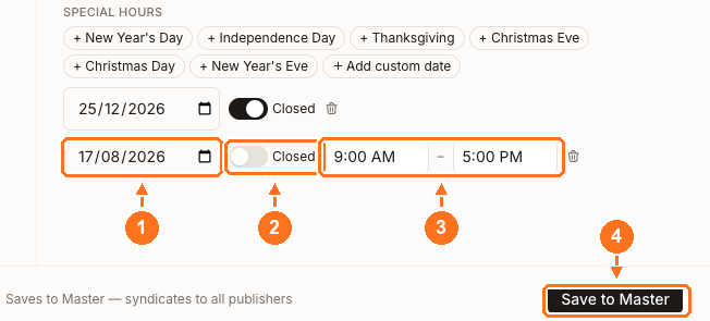 A closed 25 December row above an open 17 August row, with the date, the Closed switch, the opening and closing times and the Save to Master button numbered one to four