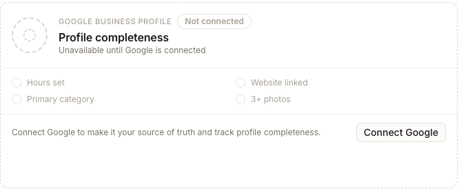 The Google Business Profile card for a location with no Google connection, reading Unavailable until Google is connected