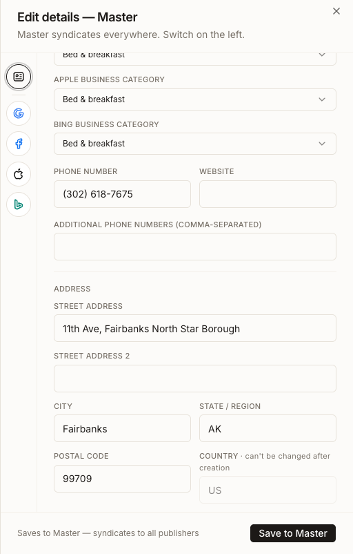 Master editor showing phone number, website and the full address block above the Save to Master button