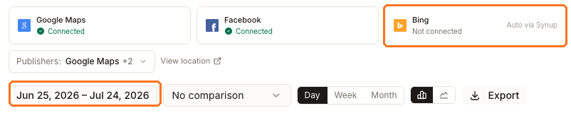 Profile Analytics controls for one location, with the Bing card and the date range picker highlighted