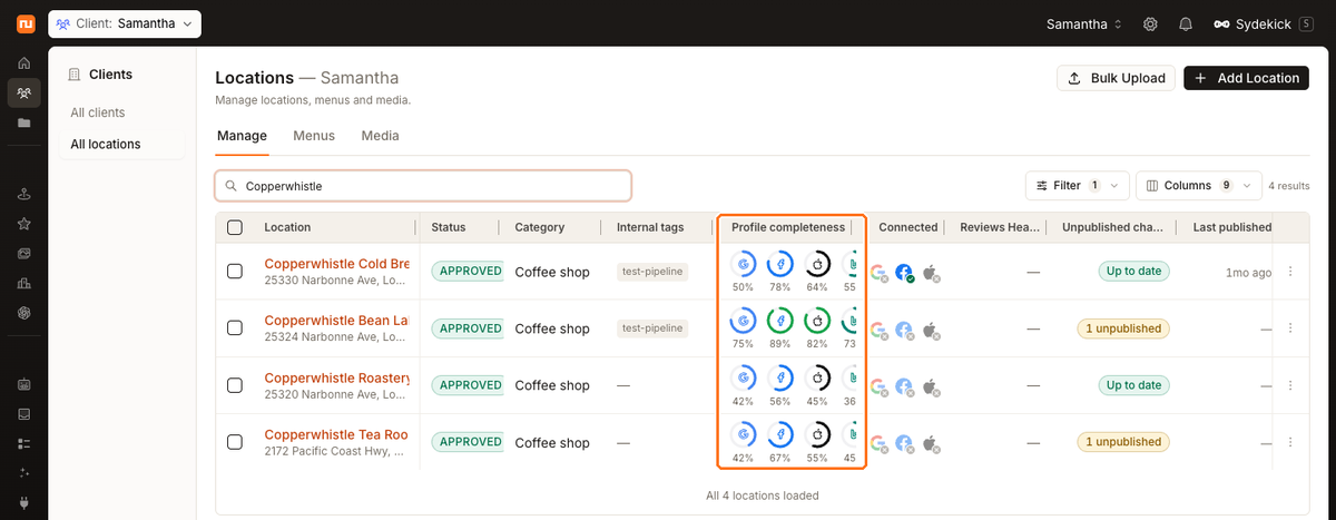The Locations list under Clients, with the Profile completeness column highlighted showing separate Google, Facebook, Apple and Bing rings for each location