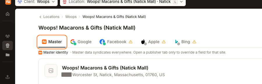 Master publisher tab on the location profile
