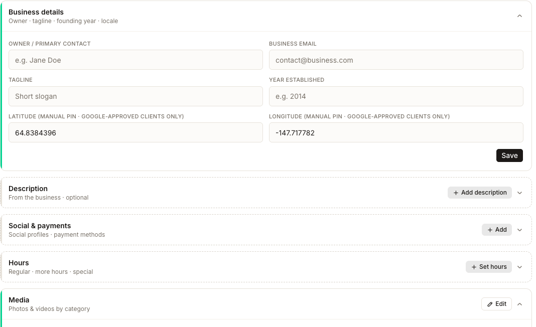 The location editor showing collapsible sections, each with its own Save button