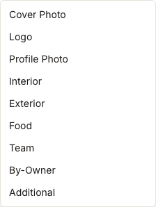 Media-Bibliotheksfilter „Category“ mit Cover Photo, Logo, Profile Photo, Interior, Exterior, Food, Team, By-Owner und Additional