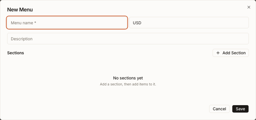 New Menu editor showing the required menu name, USD currency, description, Sections area, Add Section and Save controls