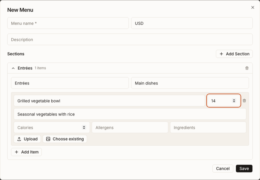 Unsaved New Menu editor with a fictional Entrées section and one item, plus price, nutrition, ingredient and photo controls