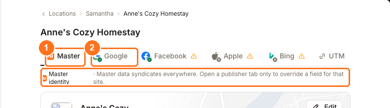 Location editor with Master and Google publisher tabs annotated above the Master identity explanation
