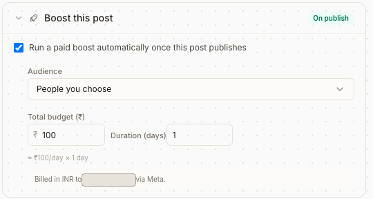 The composer's Boost this post section expanded, with an On publish badge, an audience choice, a total budget, a duration in days and the derived daily spend