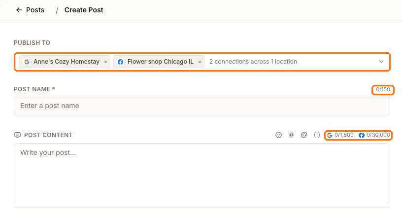 The Create Post left column with two publish targets selected, the Post Name counter at 0 of 150, and two character counters running at once for Google and Facebook