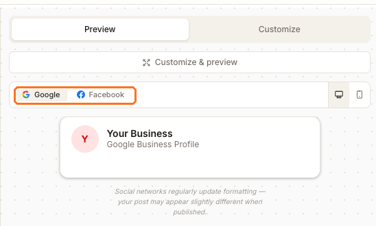 The composer preview pane with Google and Facebook tabs and a Desktop and Mobile toggle, rendering the Google Business Profile preview card