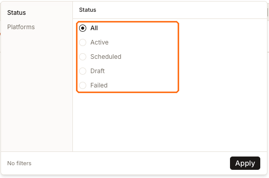 The Posts Filters panel open on Status, offering only All, Active, Scheduled, Draft and Failed
