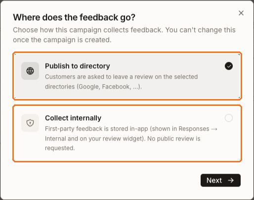 Das Dialogfeld „Where does the feedback go?“, mit Publish to directory als 1 und Collect internally als 2 eingerahmt