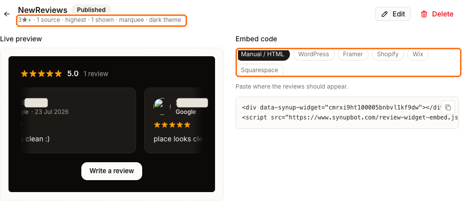 A review widget detail page showing its configuration summary, a live preview of the widget, and the embed code panel with platform tabs