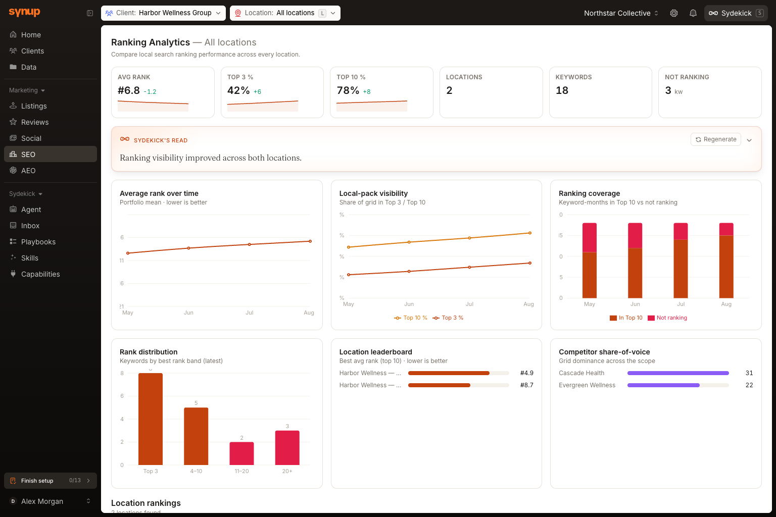 Ranking Analytics at All locations, showing portfolio KPIs, Sydekick's read, ranking charts, a location leaderboard, and competitor share of voice