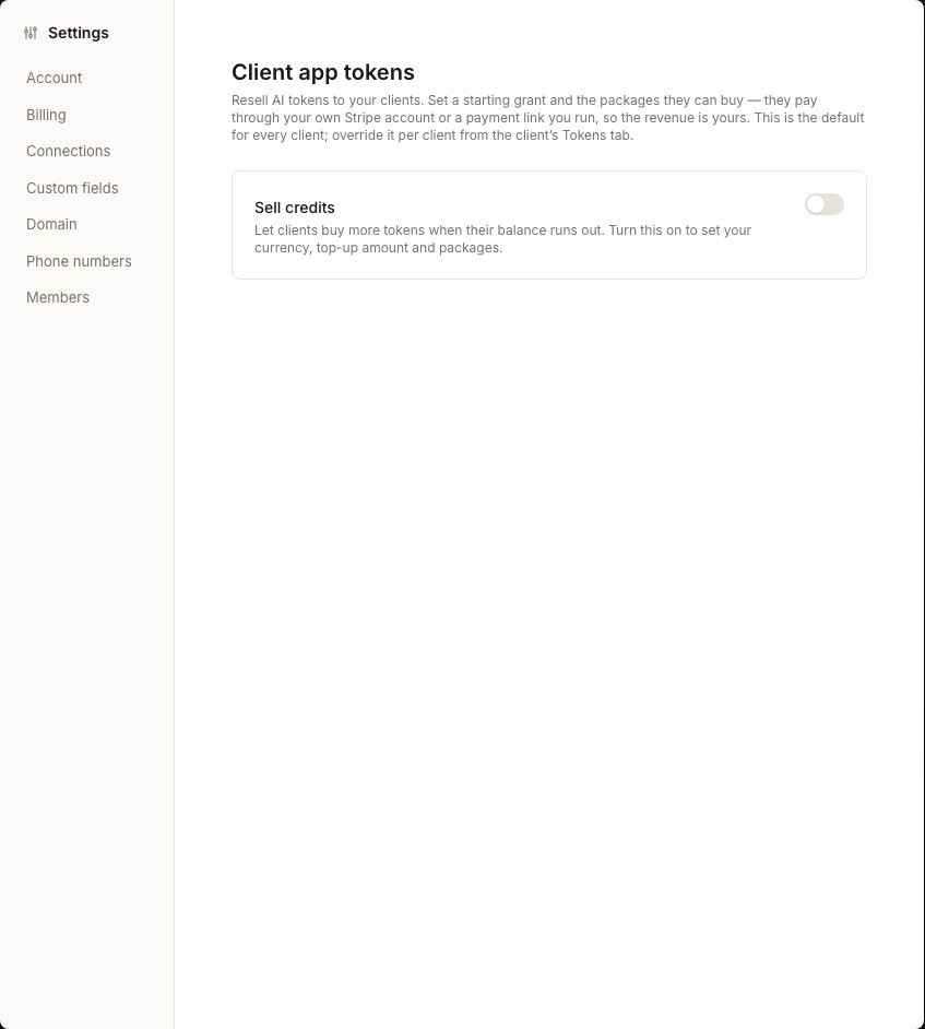 Die Seite „Client app tokens“, die das Steuerelement „Sell credits“ im derzeit deaktivierten Zustand zeigt