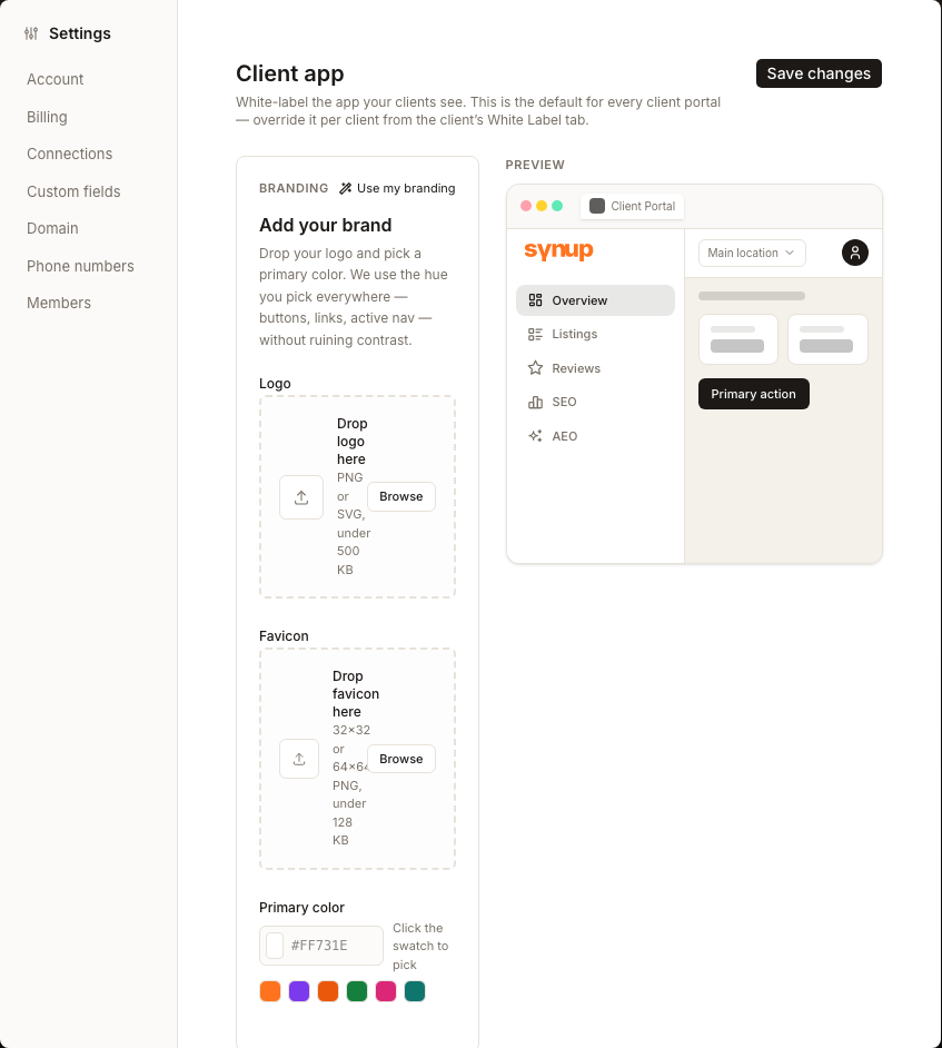 The Client app settings page showing the branding editor for logo, favicon and primary color beside the live portal preview