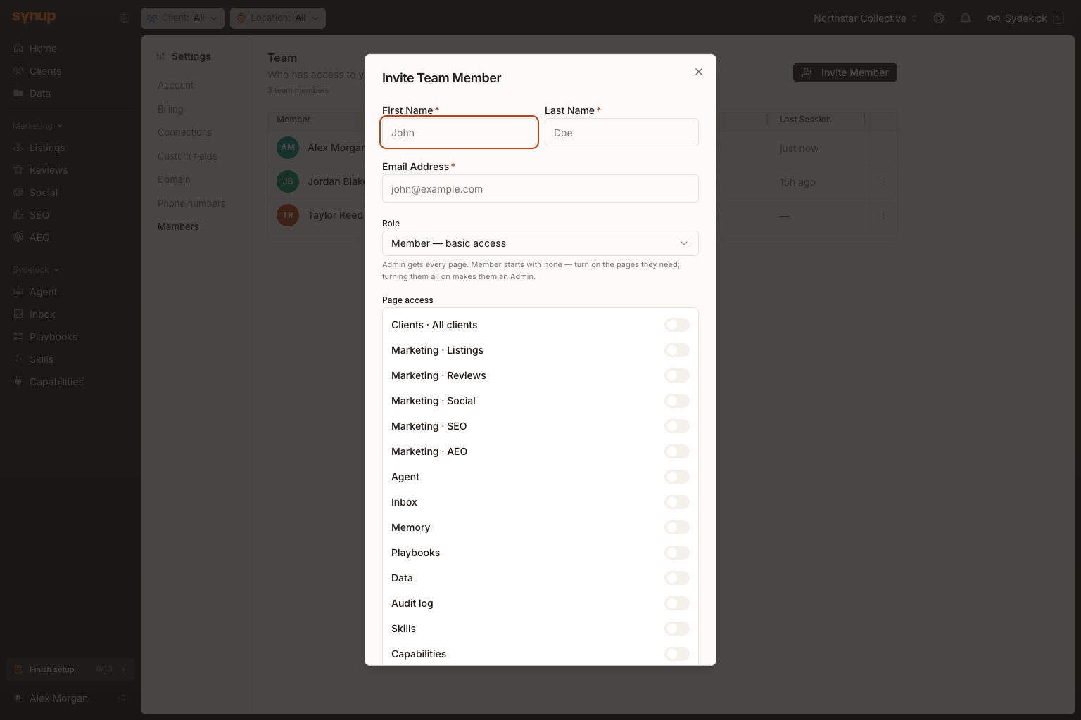 The Invite Team Member dialog showing name and email fields, the member access preset, and page-by-page access switches