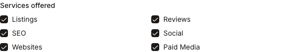 The Services offered section with Listings, Reviews, SEO, Social, Websites and Paid Media selected