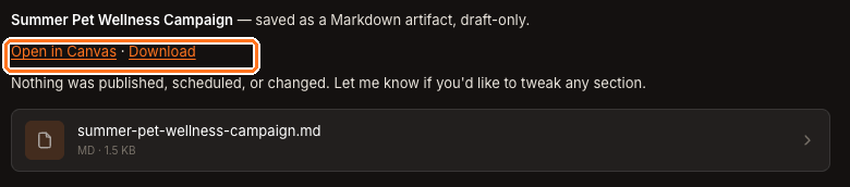A Sydekick reply offering a saved Markdown file with Open in Canvas and Download links, and a line stating nothing was published, scheduled or changed