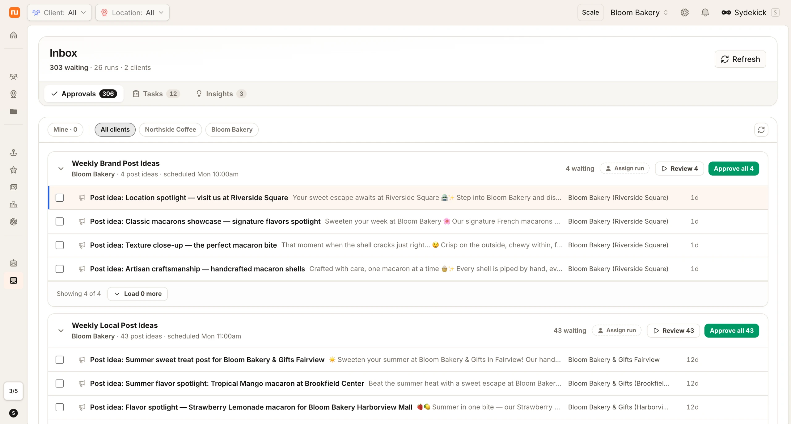 The Synup Inbox with 366 items waiting: 25 negative review reply drafts for Italian Touch queued for bulk review, with approve-all and assign-run actions.