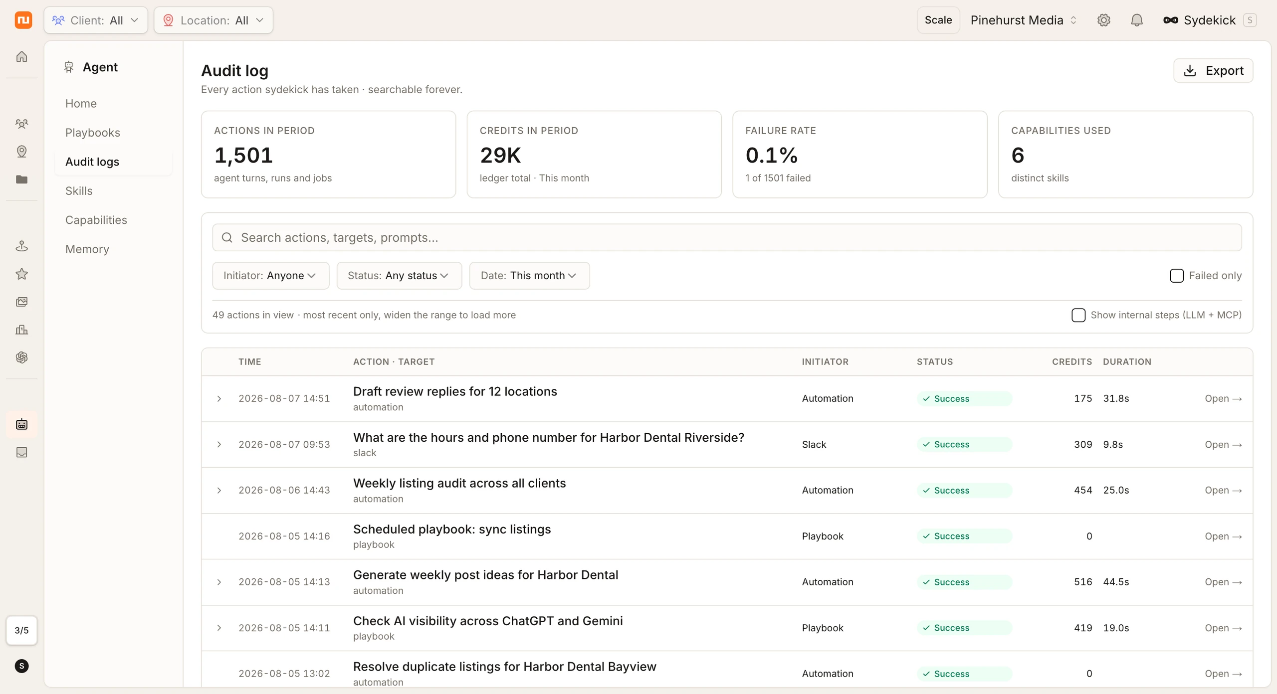 The Synup Audit log: 1,498 actions, 139 credits, 7.2% failure rate, with expanded internal steps showing LLM planner and executor calls, credit counts, and durations.