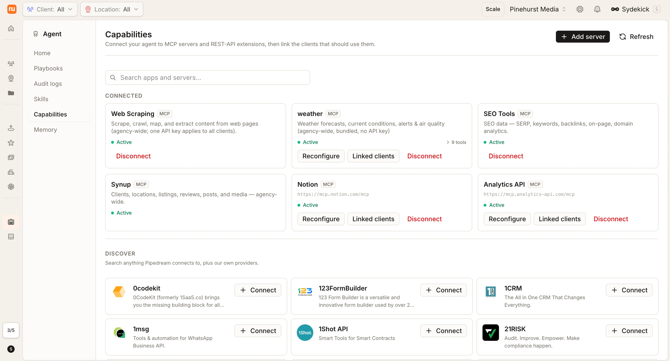 The Synup Capabilities panel: six connected MCP servers including Web Scraping, weather, SEO Tools, Synup, Notion, and Prospectup, all active.