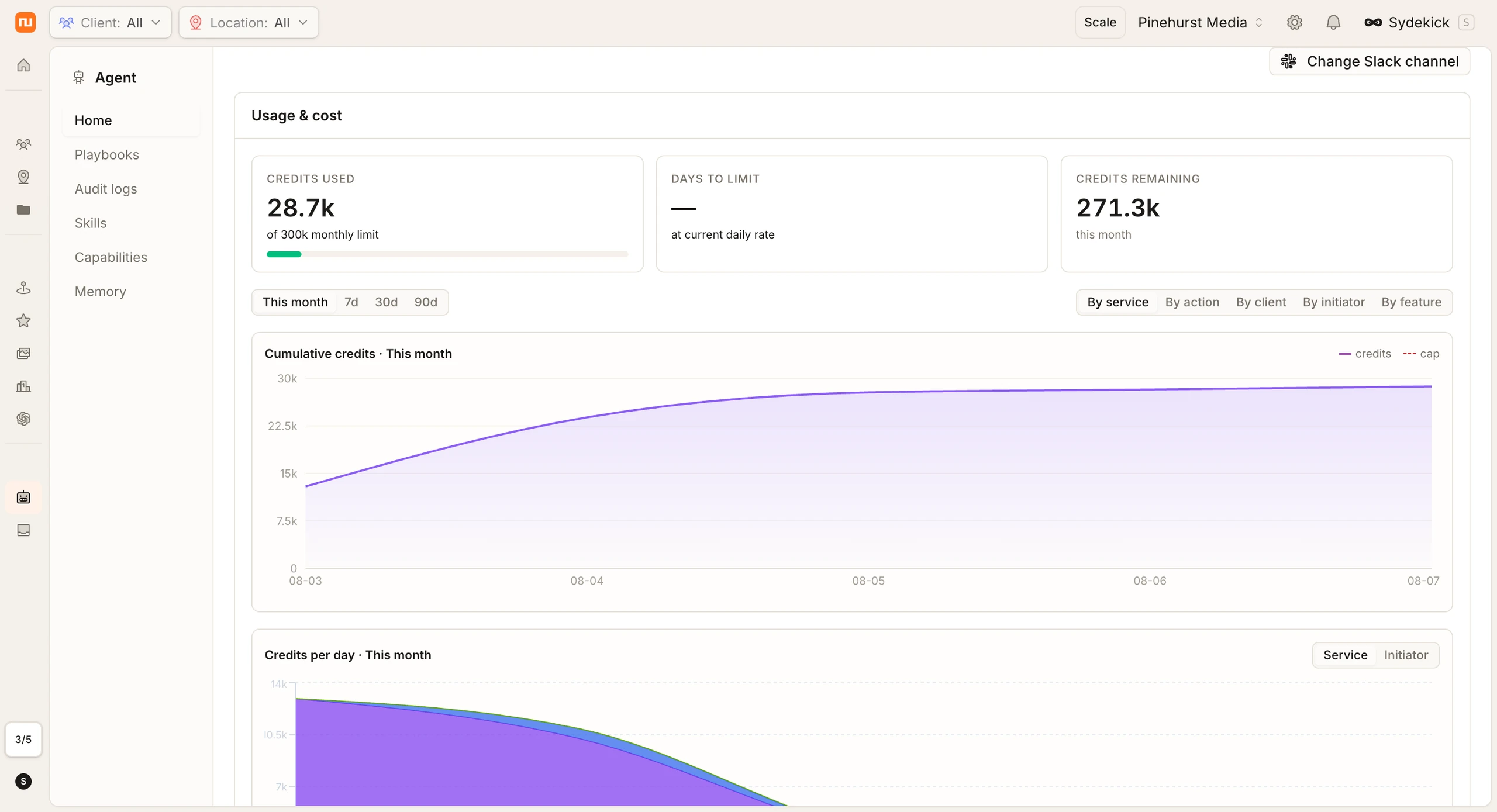 Usage and cost dashboard in Synup: actions this month, credits used, cumulative credits chart, and credits-per-day breakdown by service.