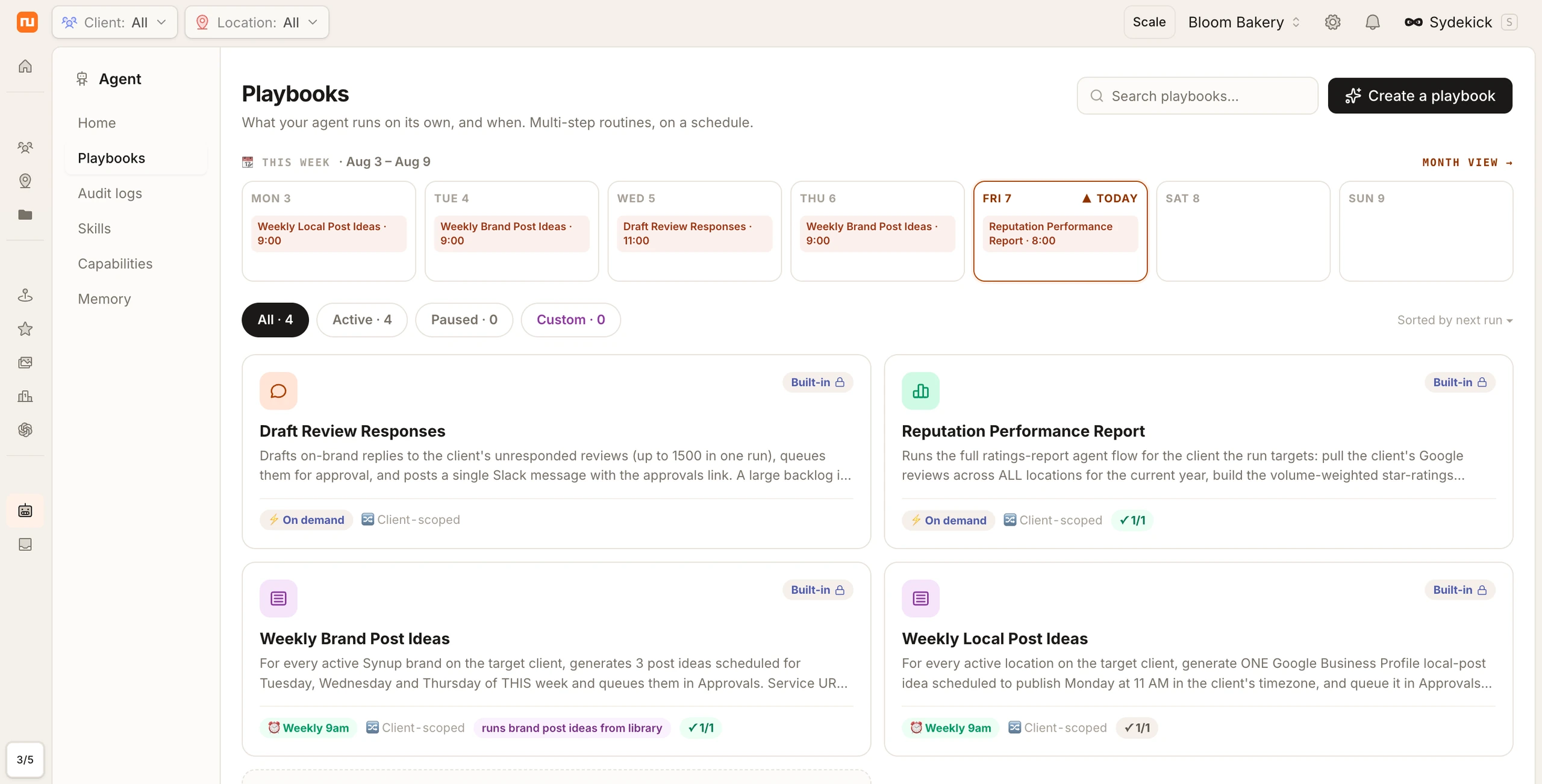 The Synup Playbooks builder: describe a routine, pick a template, or start from what agencies run every week, with a five-step workflow from Describe to Launch.