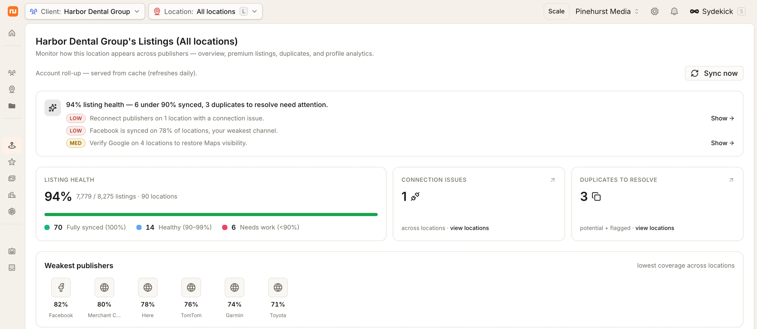 Synup listings dashboard, account roll-up with listing health, connection issues, and duplicates to resolve