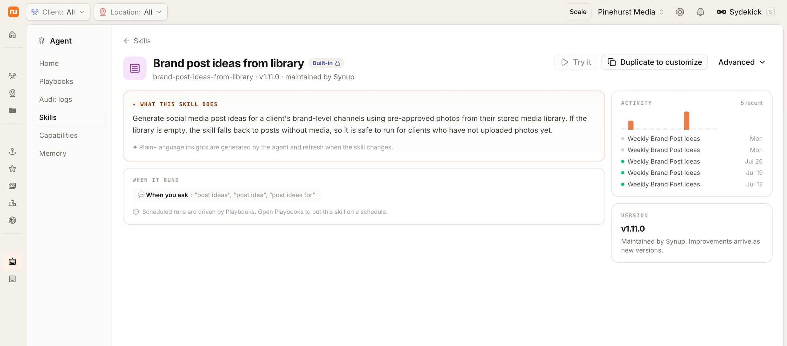 A skill detail page in Synup: what the skill does, when it runs, recent activity, and version.