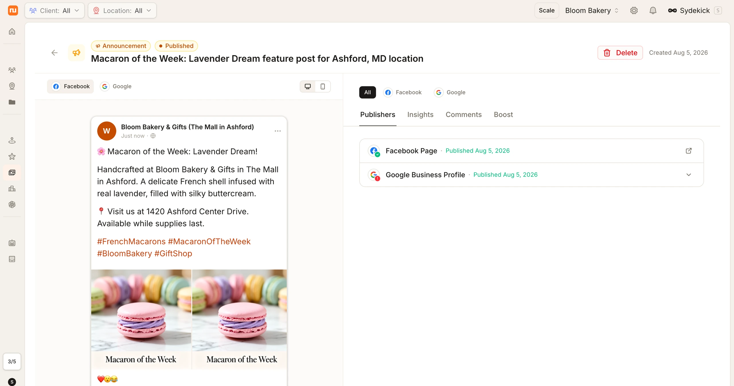 Der Synup-Beitrags-Editor zeigt eine veröffentlichte Muttertags-Ankündigung für Woops! Bakeshop, mit der Facebook-Vorschau links und dem Status pro Plattform für Google Business Profile und die Facebook-Seite rechts.
