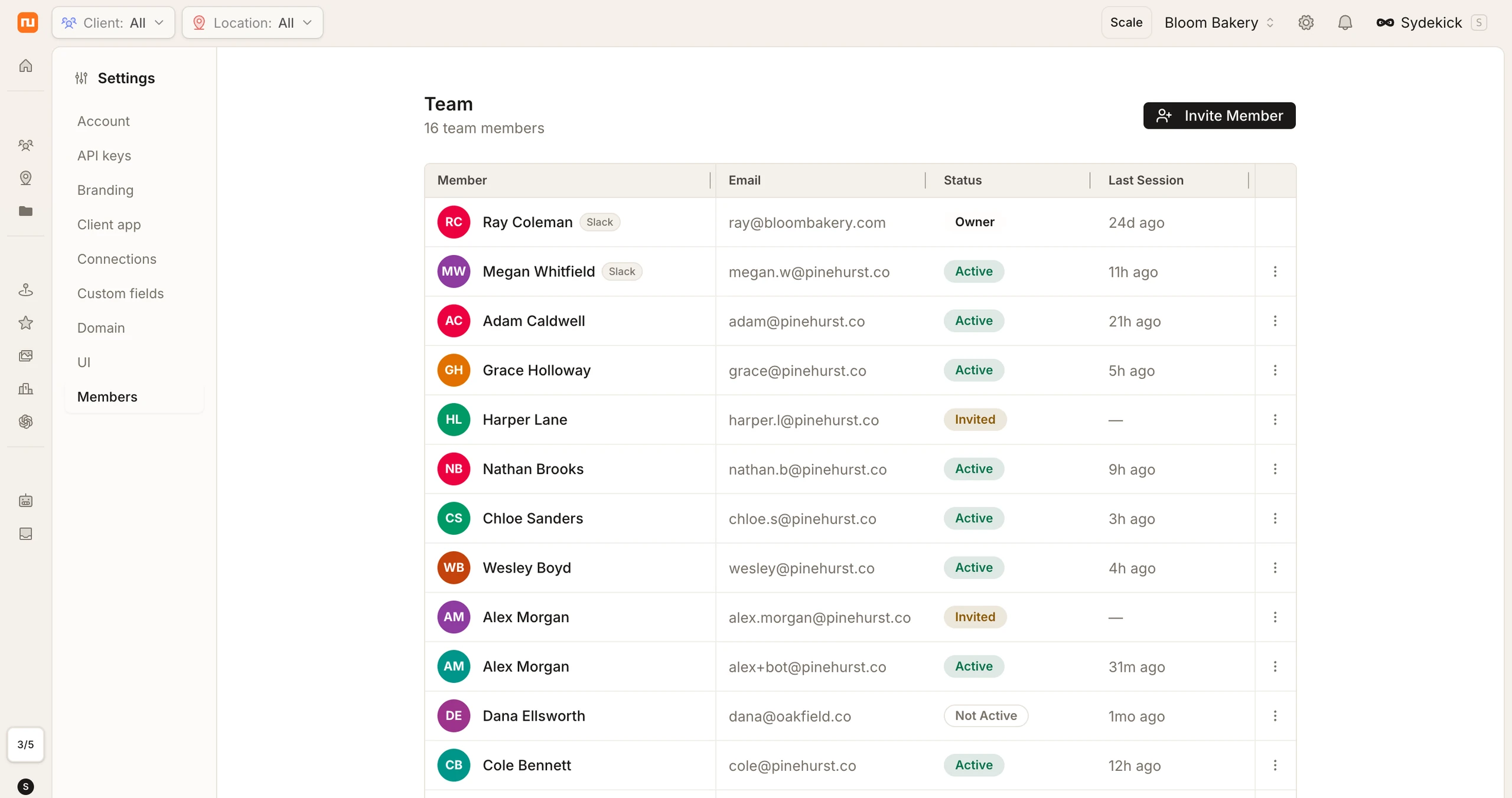 The Synup team management page under Settings › Members, showing sixteen team members in a table with avatar, email, status badge, Owner, Bot, Active, Invited, Not Active, last session time, and a per-row actions menu, with an Invite Member button above the table.