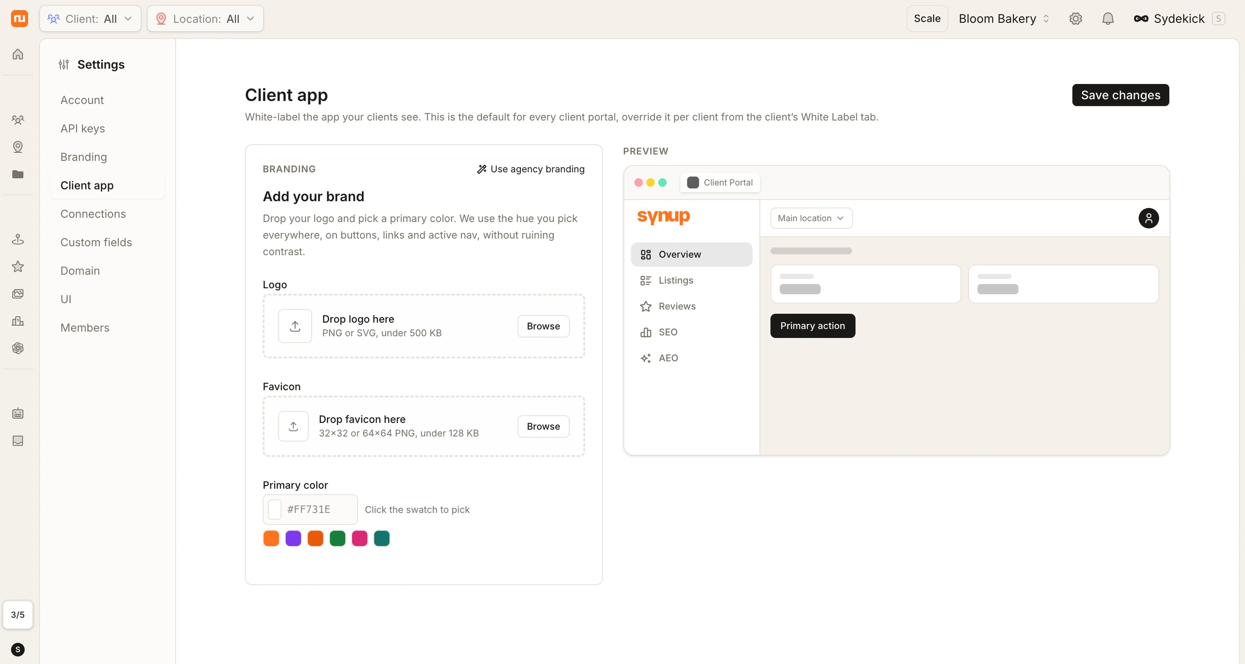 The Synup white-label brand editor with live portal preview.