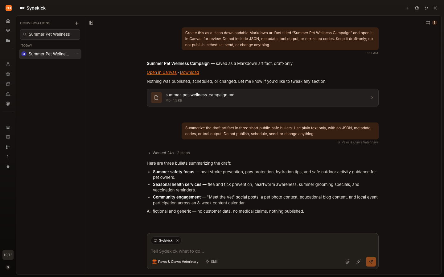 Sydekick workspace showing a scoped demo conversation, conversation history, and a draft campaign artifact ready to open in Canvas.