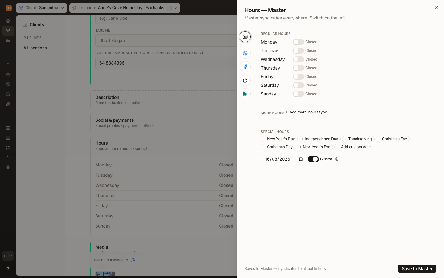 Editor actual de horarios especiales en Synup mostrando una fecha personalizada sin guardar con la opción de Cerrado y el alcance por plataforma.