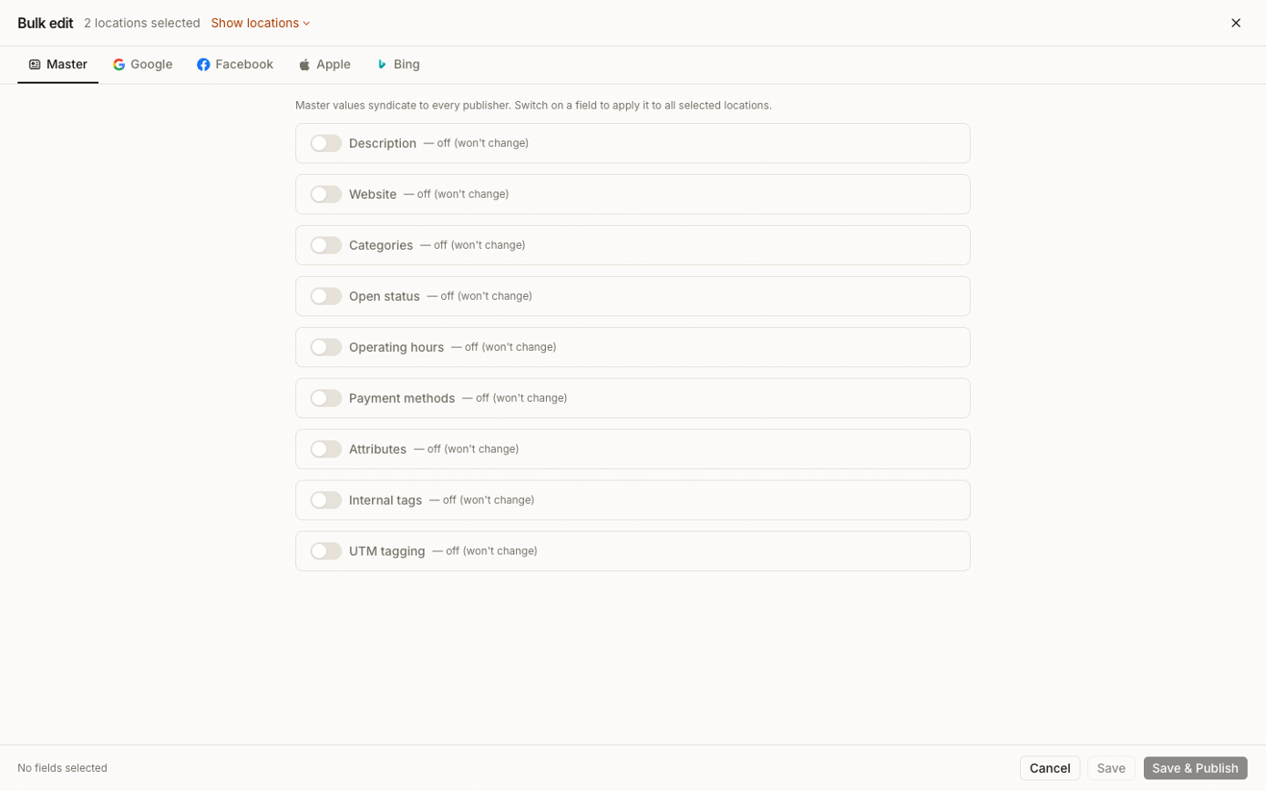 Current Synup Bulk edit modal for two selected locations with optional fields and Master or publisher-specific scopes.