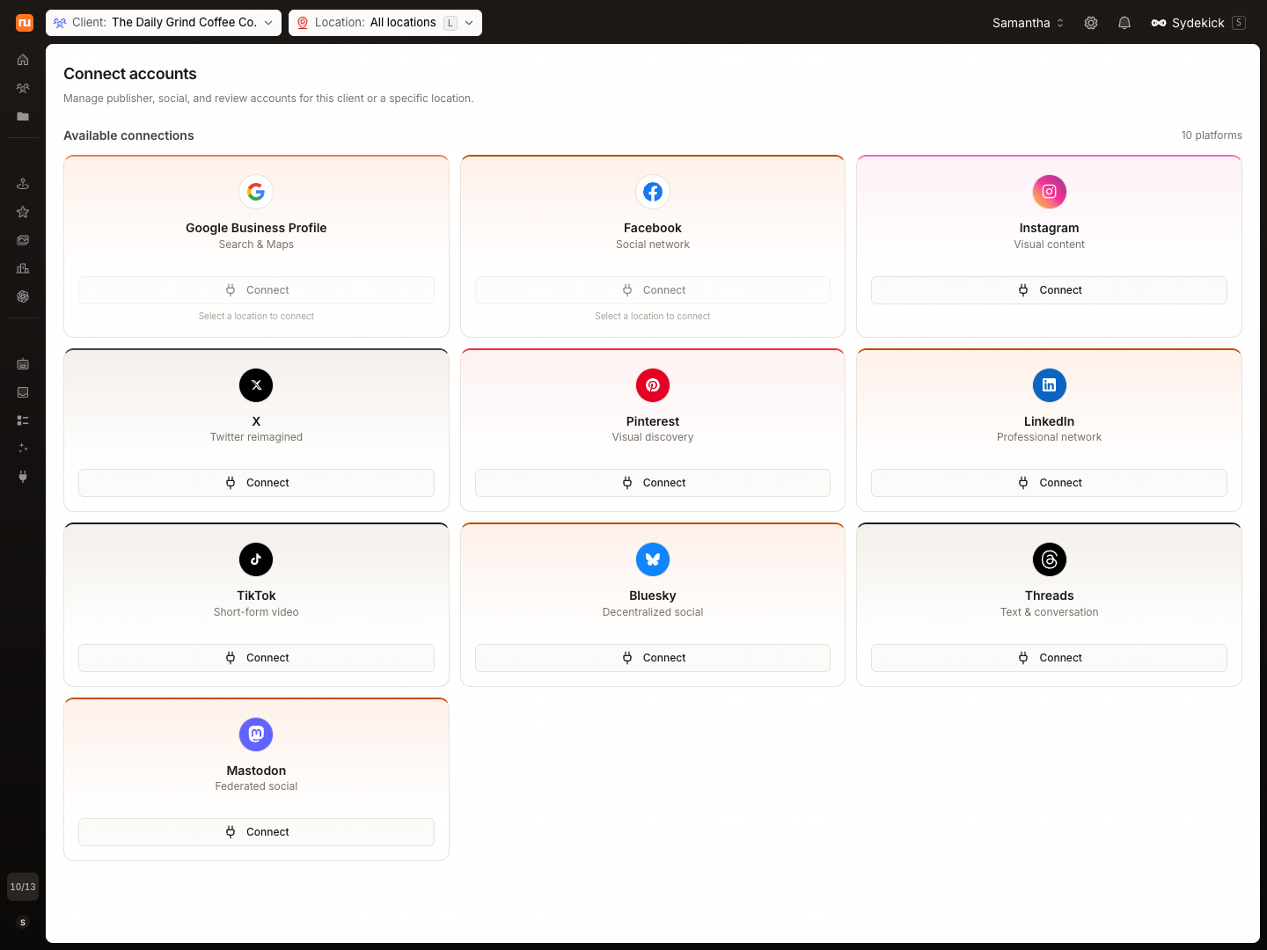 Current Synup connection picker showing TikTok, Bluesky, Threads, Mastodon, and other supported social and profile platforms.