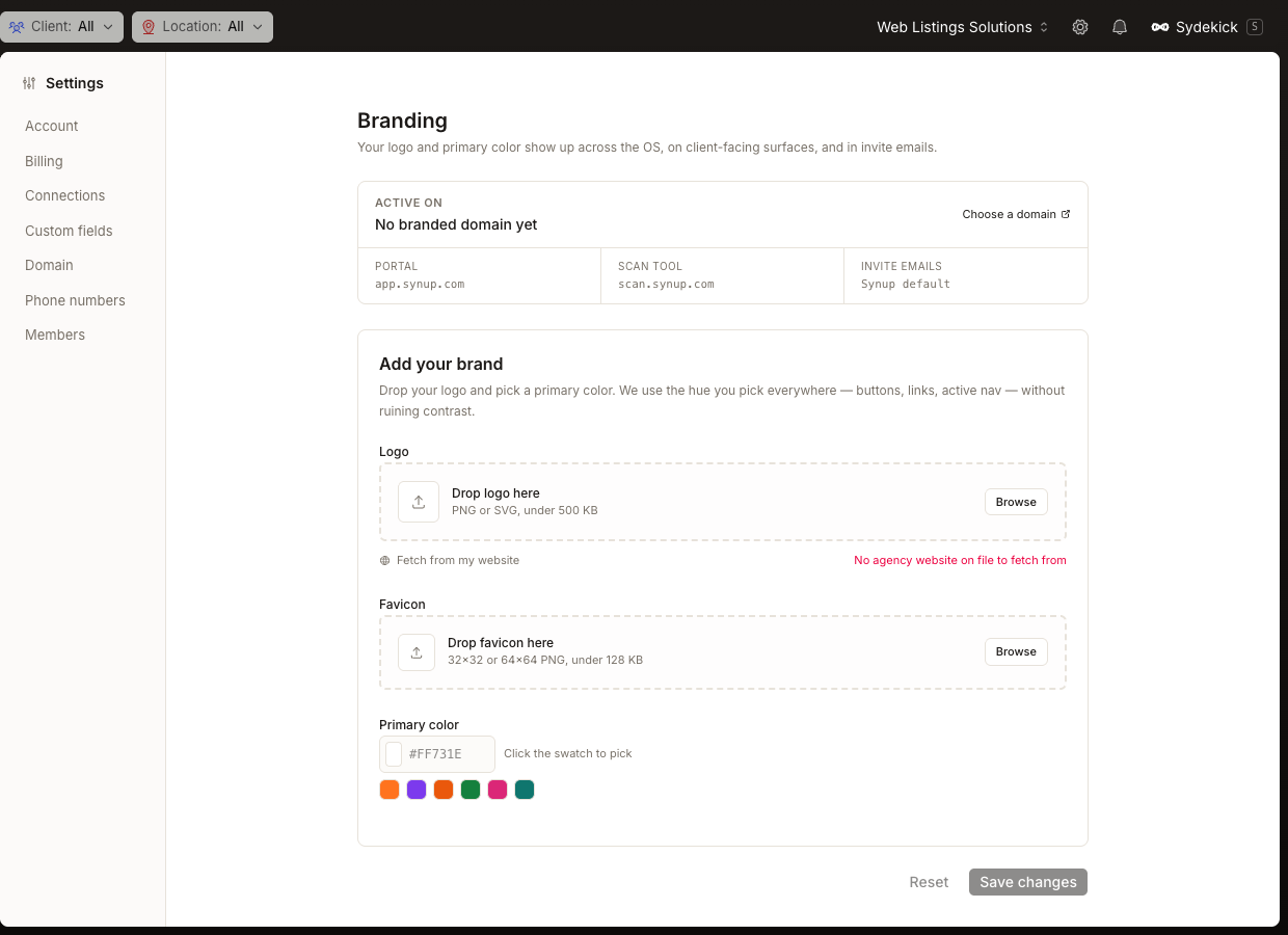 Current Synup Branding settings showing portal, scan tool, and invite-email surfaces with logo, favicon, and brand-color controls.